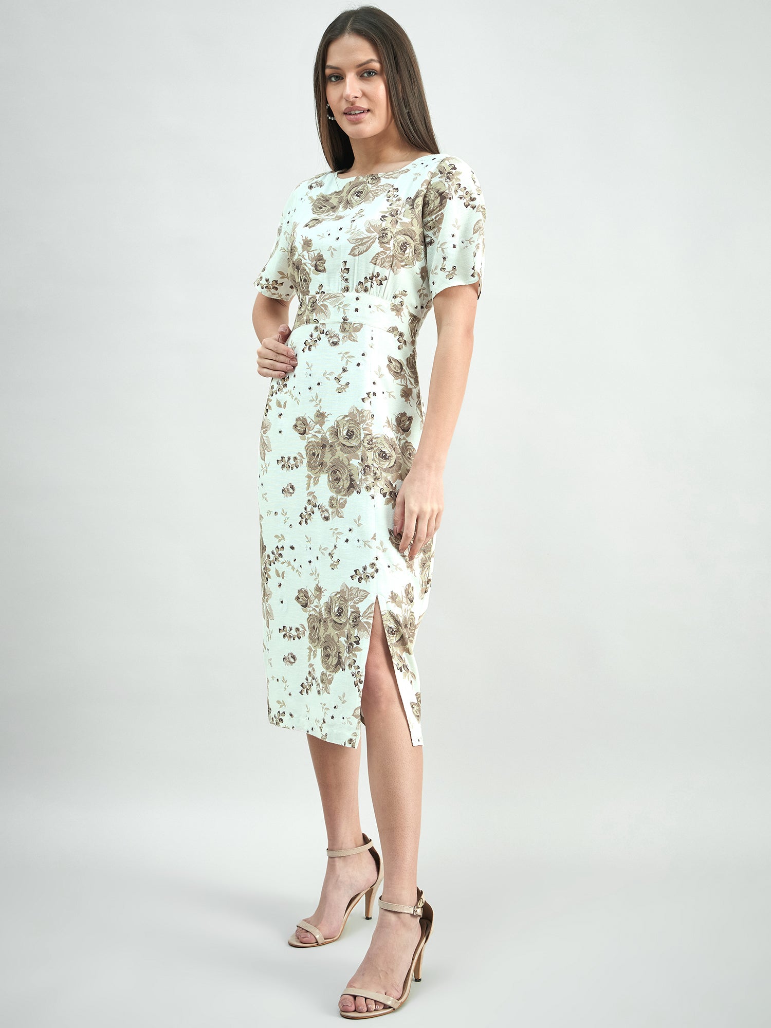 White & Beige Elegant Floral Print Round-Neck Midi Dress In Linen Blend