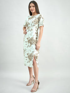 White & Beige Elegant Floral Print Round-Neck Midi Dress In Linen Blend