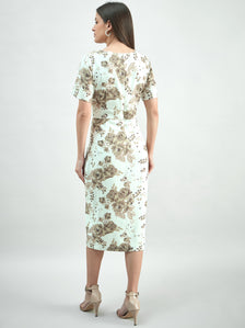 White & Beige Elegant Floral Print Round-Neck Midi Dress In Linen Blend