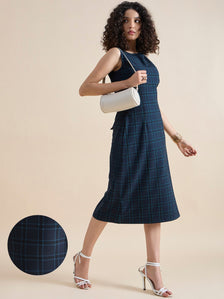 Structured A-Line Boat-Neck Sleeveless Checkered Midi Dress In 4-Way Stretch Fabric