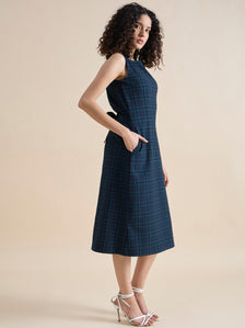 Structured A-Line Boat-Neck Sleeveless Checkered Midi Dress In 4-Way Stretch Fabric