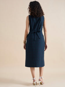 Structured A-Line Boat-Neck Sleeveless Checkered Midi Dress In 4-Way Stretch Fabric