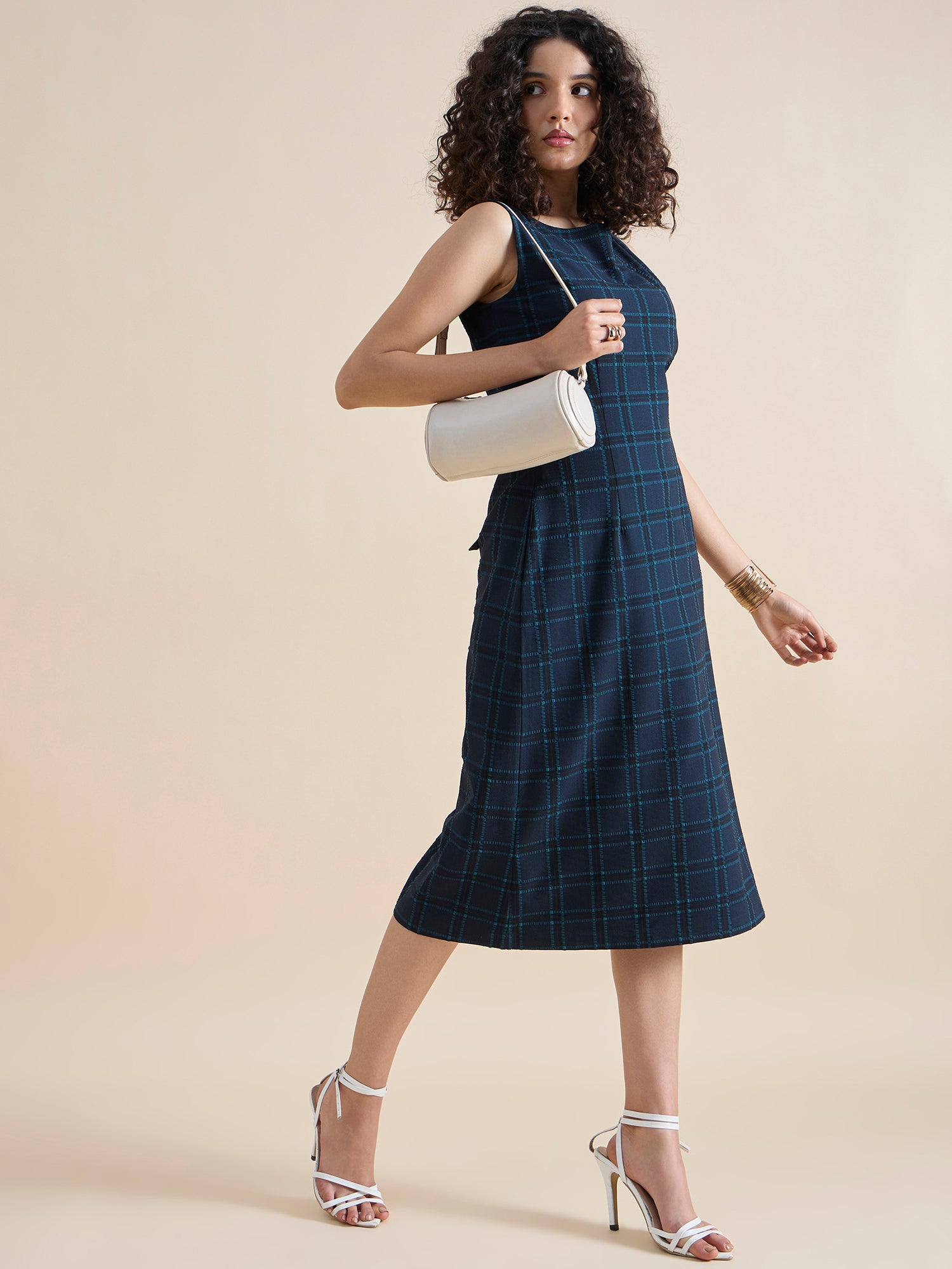 Structured A-Line Boat-Neck Sleeveless Checkered Midi Dress In 4-Way Stretch Fabric