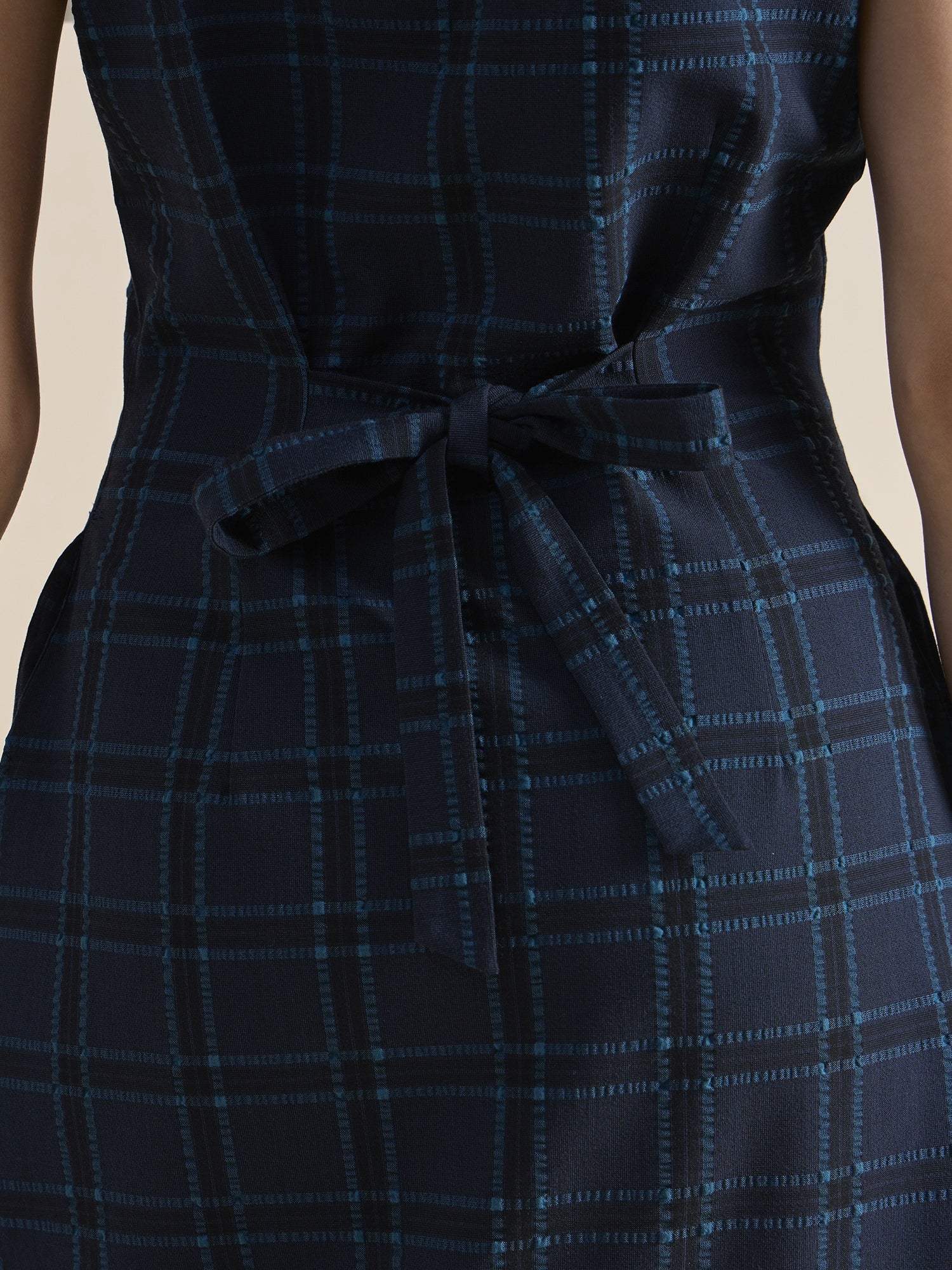 Structured A-Line Boat-Neck Sleeveless Checkered Midi Dress In 4-Way Stretch Fabric