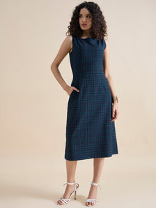 Structured A-Line Boat-Neck Sleeveless Checkered Midi Dress In 4-Way Stretch Fabric