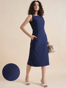 Structured A-Line Boat-Neck Sleeveless Solid Midi Dress In 4-Way Stretch Fabric