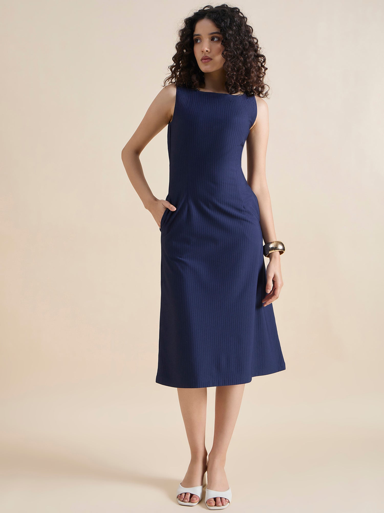 Structured A-Line Boat-Neck Sleeveless Solid Midi Dress In 4-Way Stretch Fabric