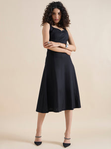 Structured Sweetheart-Neck Linen Lycra Black Stretchable Midi Dress