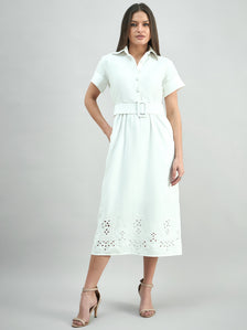 Elegant Solid White Cotton Schiffli Hem Detailing Shirt Dress With Detachable Belt