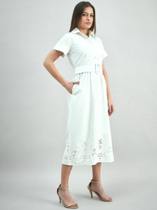 Elegant Solid White Cotton Schiffli Hem Detailing Shirt Dress With Detachable Belt