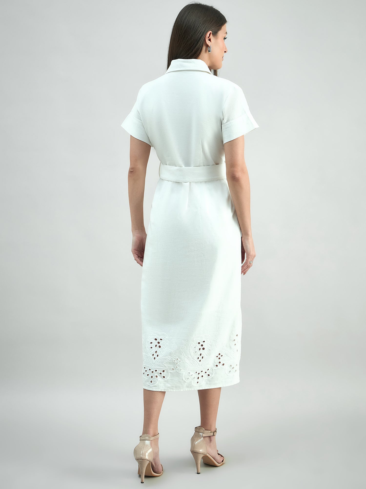 Elegant Solid White Cotton Schiffli Hem Detailing Shirt Dress With Detachable Belt