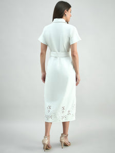 Elegant Solid White Cotton Schiffli Hem Detailing Shirt Dress With Detachable Belt