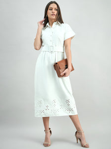 Elegant Solid White Cotton Schiffli Hem Detailing Shirt Dress With Detachable Belt