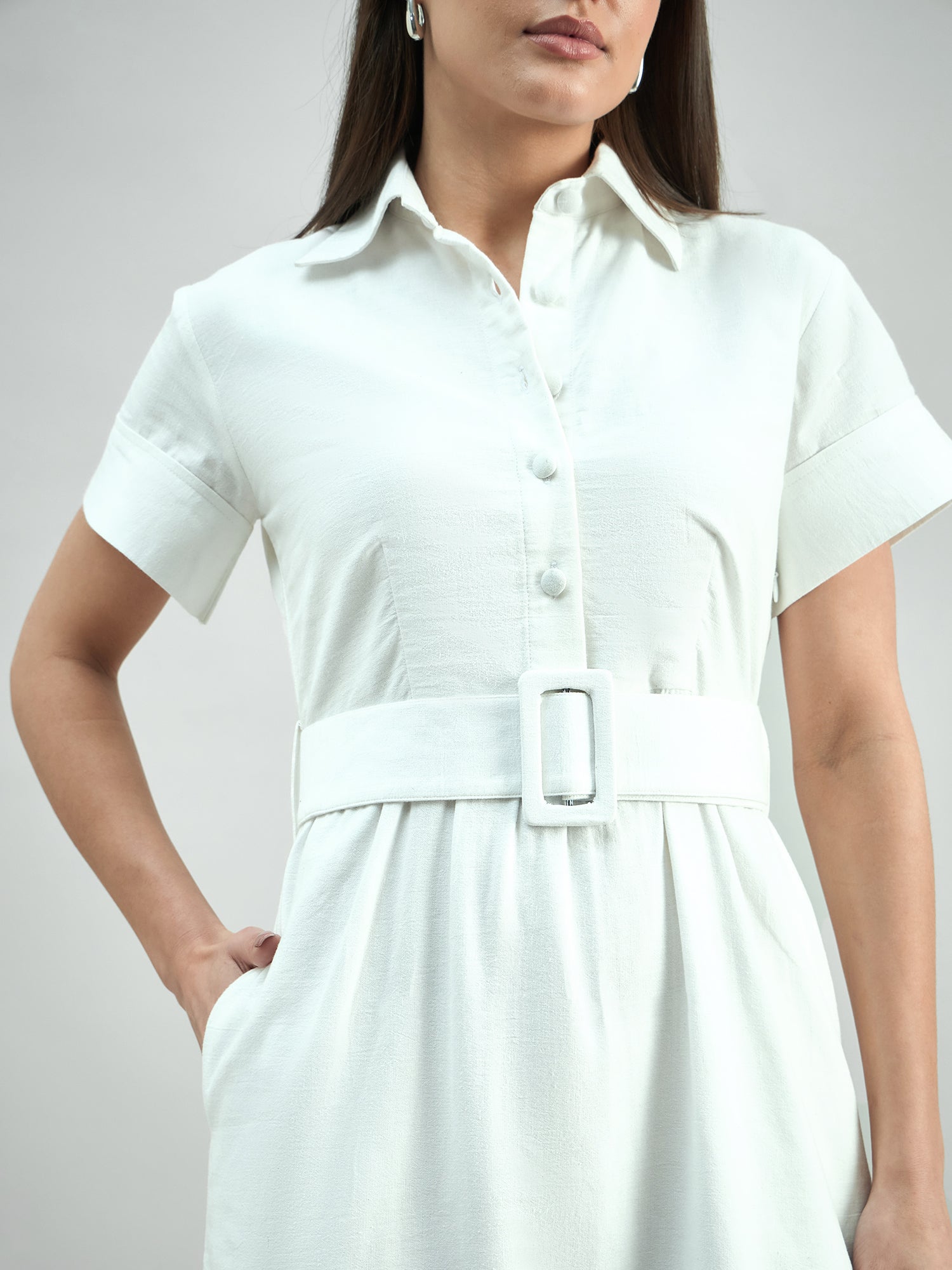 Elegant Solid White Cotton Schiffli Hem Detailing Shirt Dress With Detachable Belt