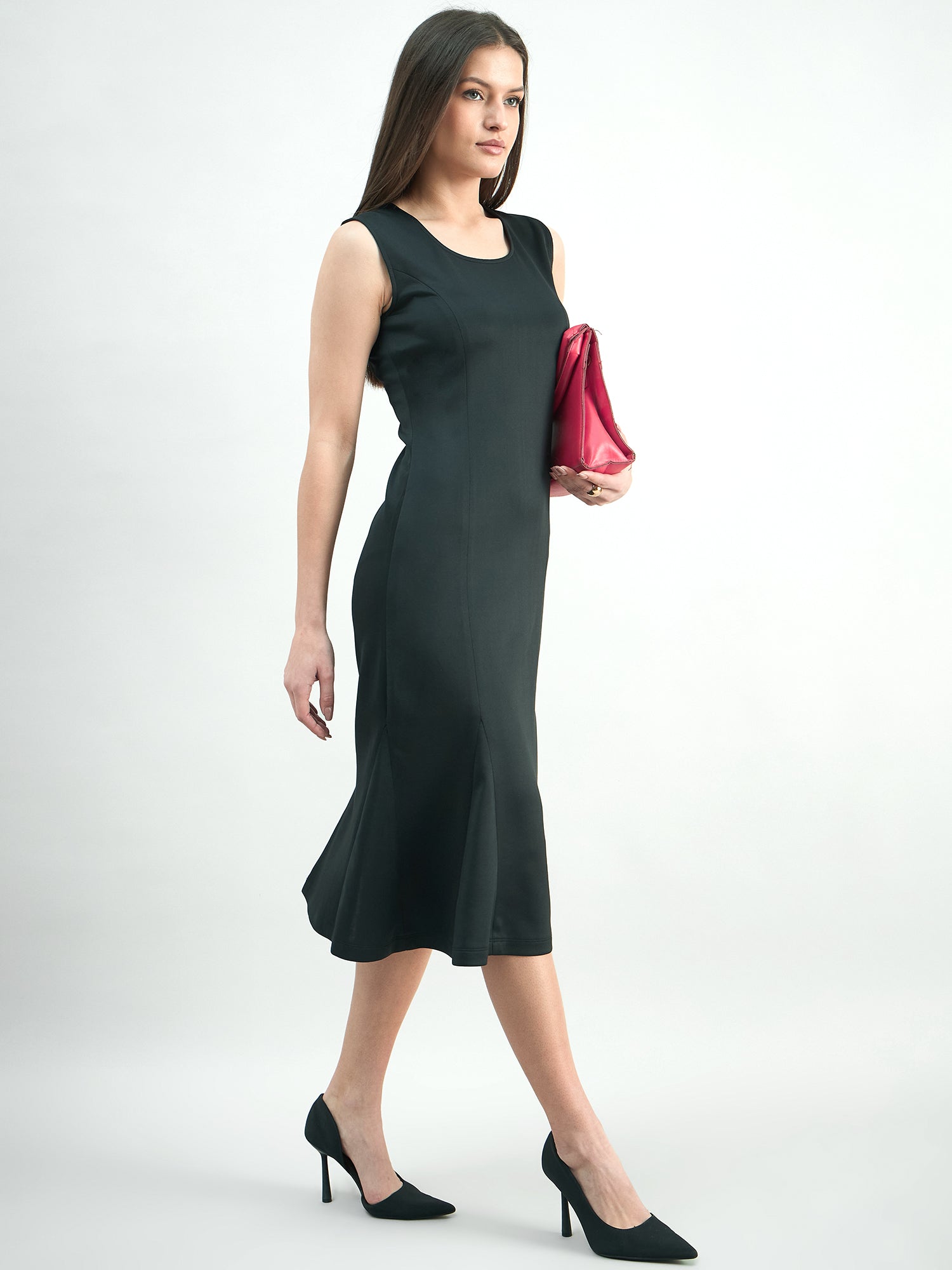 Women Round-Neck Sleeveless Black Scuba Midi Stretchable Bodycon Dress