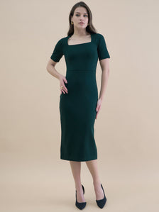 Elegant Solid Green Square-Neck Stretchable Bodycon Dress