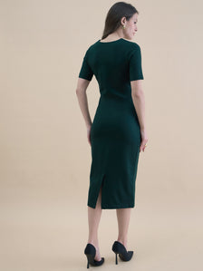 Elegant Solid Green Square-Neck Stretchable Bodycon Dress