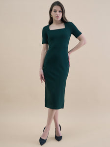 Elegant Solid Green Square-Neck Stretchable Bodycon Dress