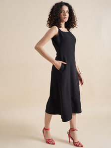 Classic Square-Neck Sleeveless Fit & Flare Midi Dress In Stretch Fabric