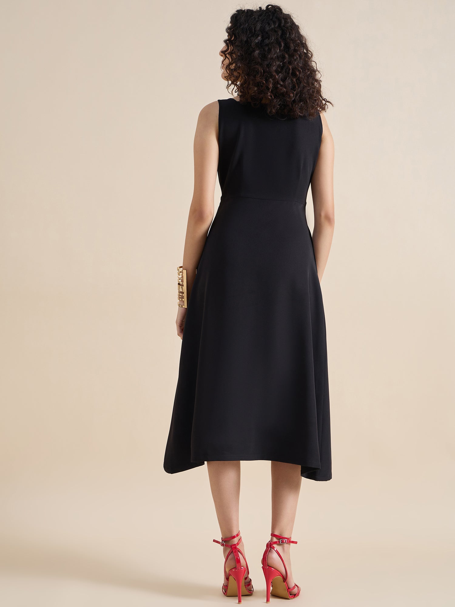 Classic Square-Neck Sleeveless Fit & Flare Midi Dress In Stretch Fabric