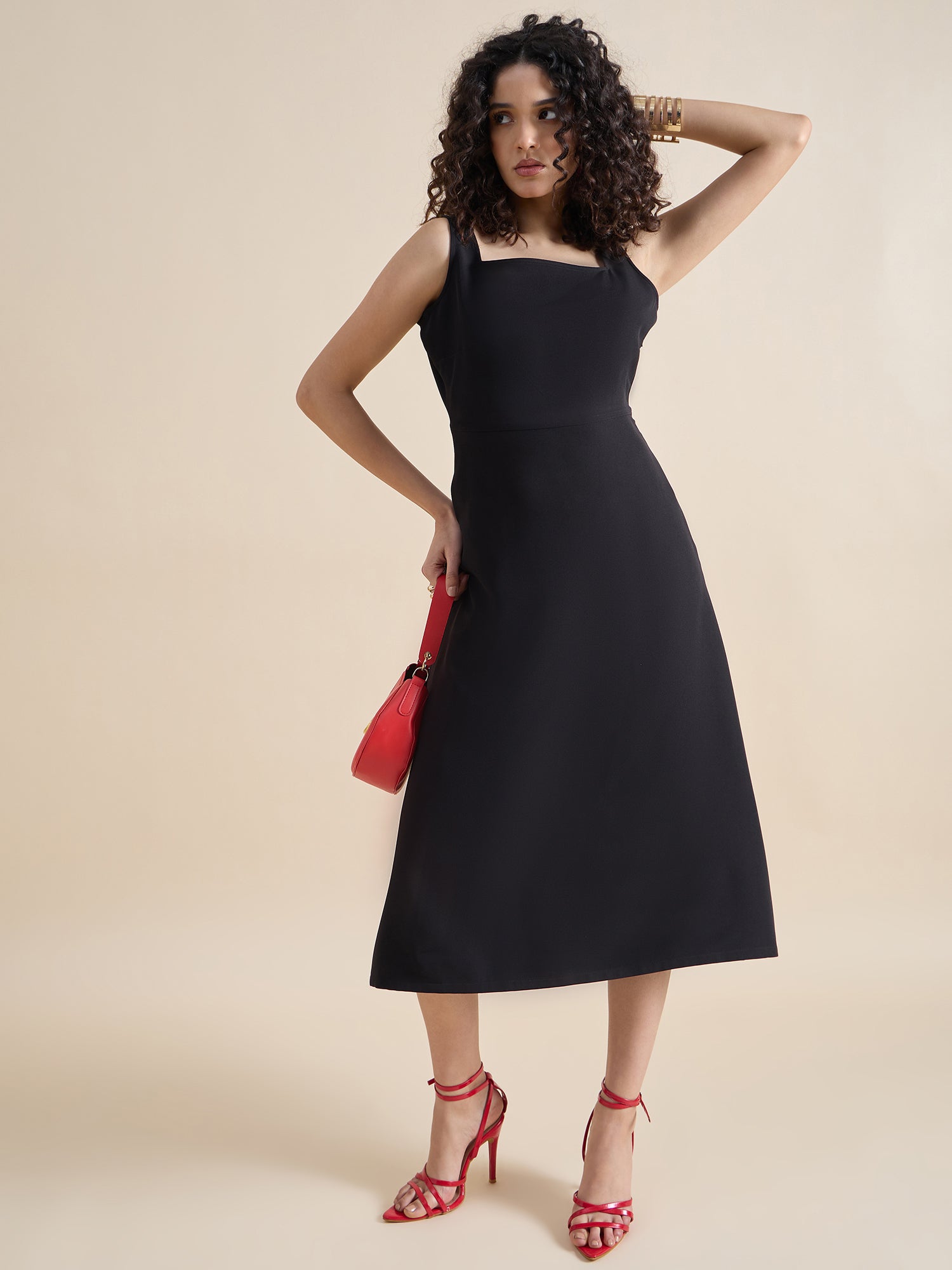 Classic Square-Neck Sleeveless Fit & Flare Midi Dress In Stretch Fabric