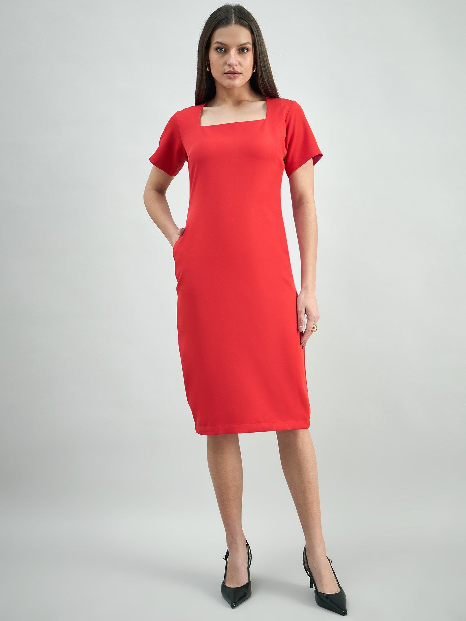 Women's Hot-Red square-neck stretchable midi dress