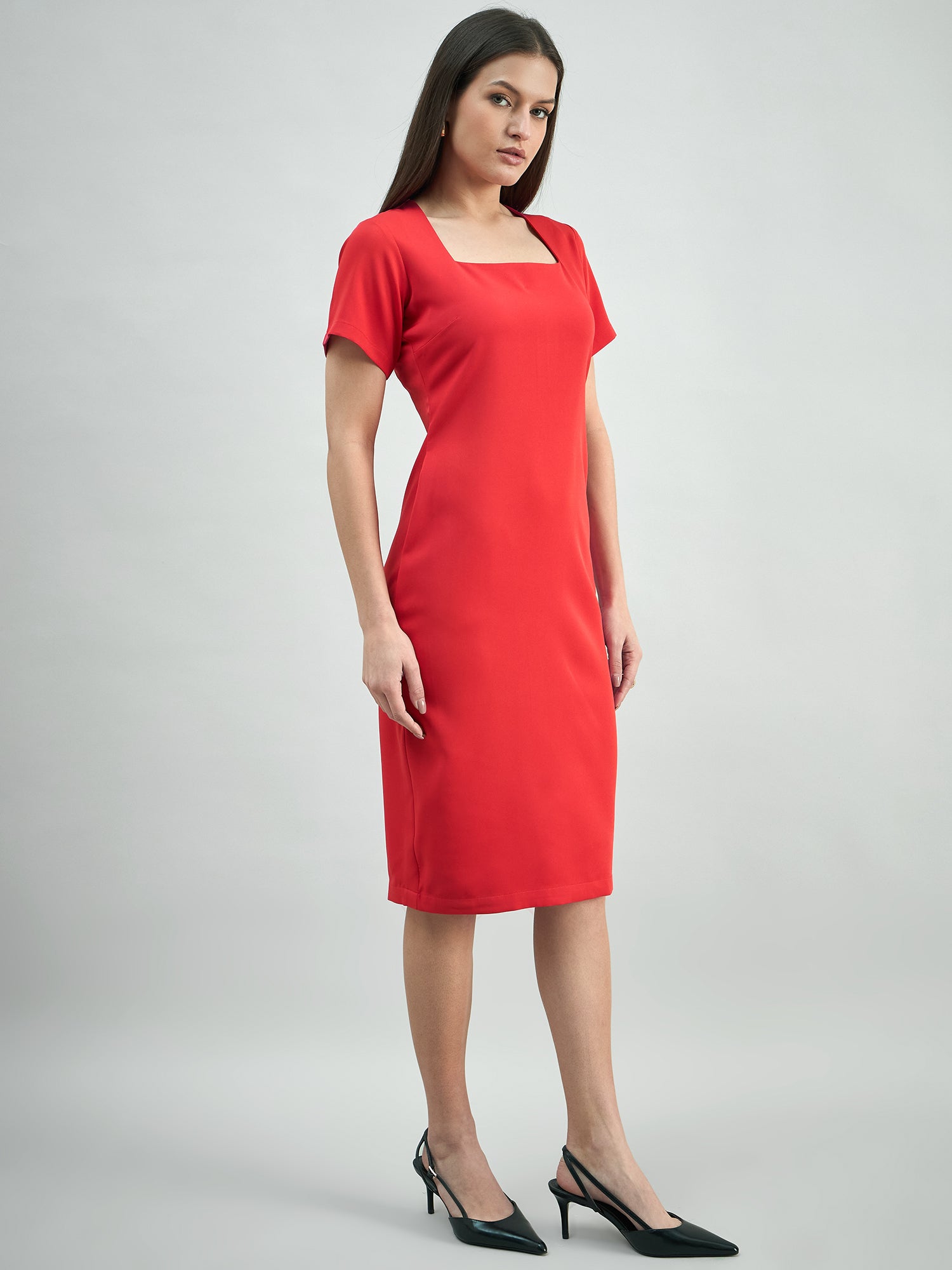 Women Hot-Red Square-Neck Stretchable Midi Dress