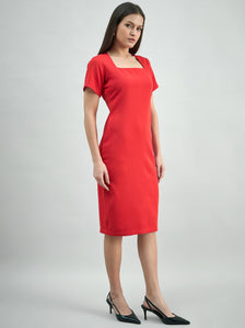 Women's Hot-Red square-neck stretchable midi dress