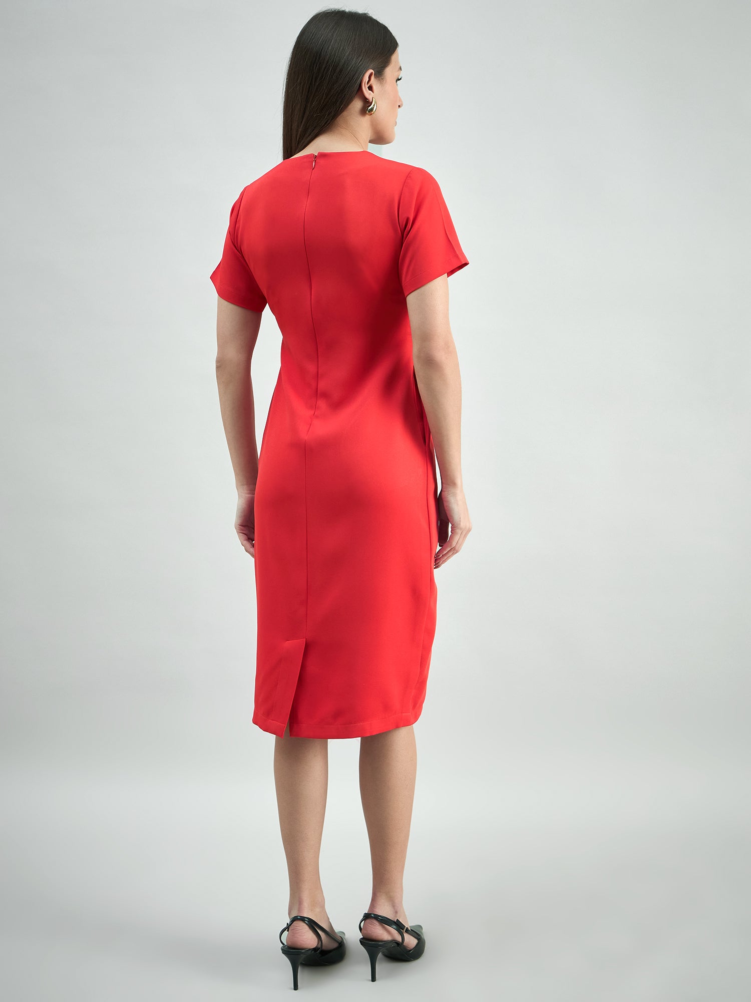 Women Hot-Red Square-Neck Stretchable Midi Dress