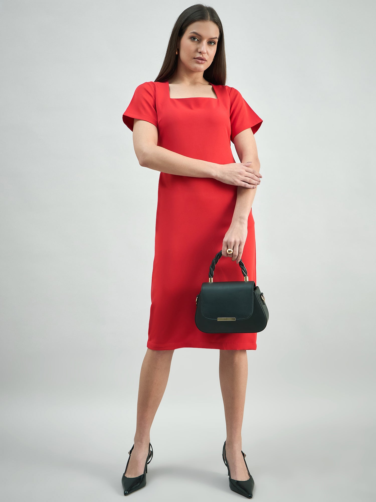 Women's Hot-Red square-neck stretchable midi dress