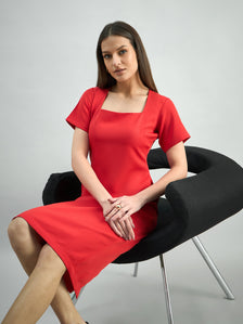 Women Hot-Red Square-Neck Stretchable Midi Dress