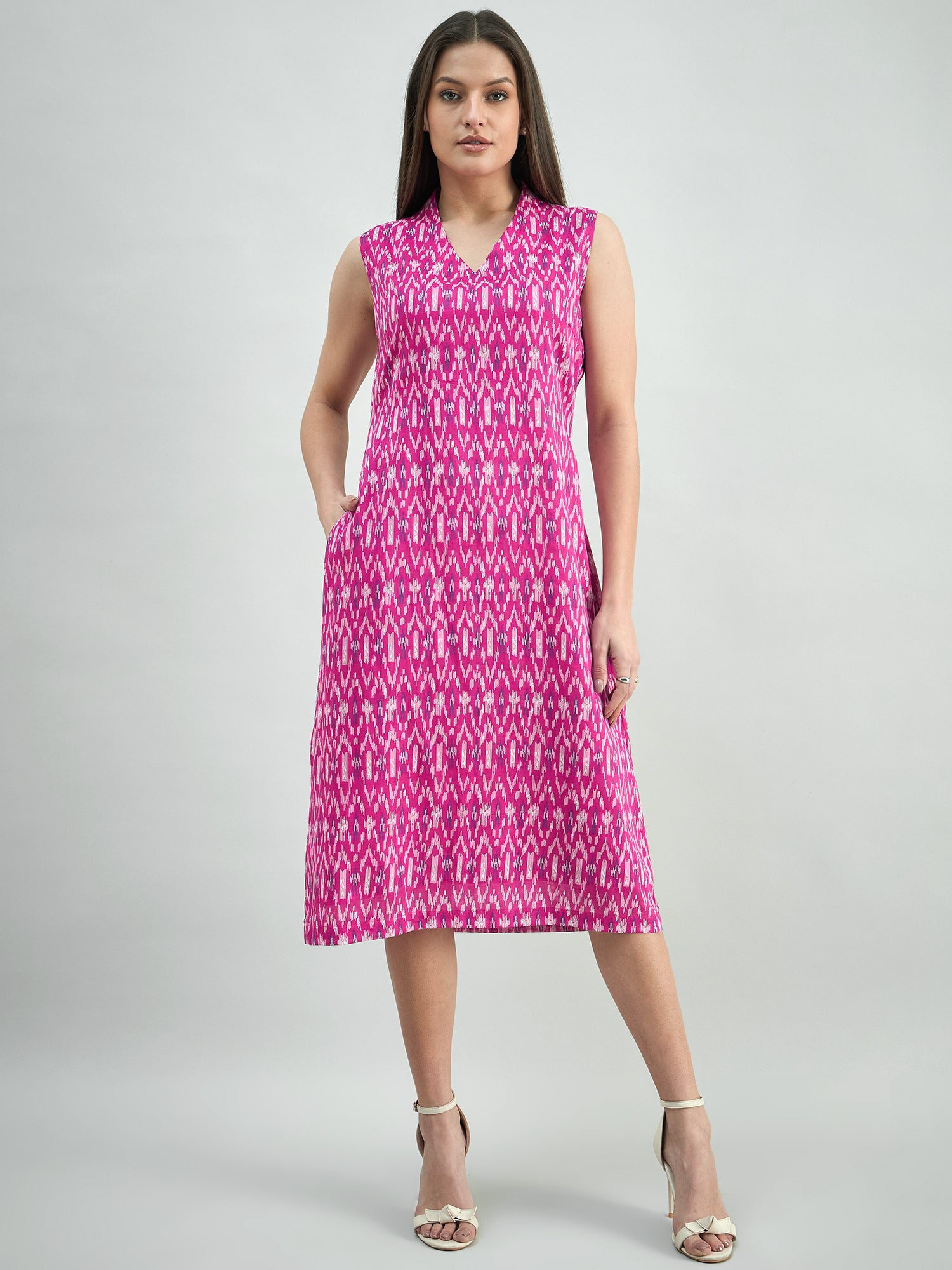 Women Cotton Ikat Print Relaxed Fit A-Line Dress