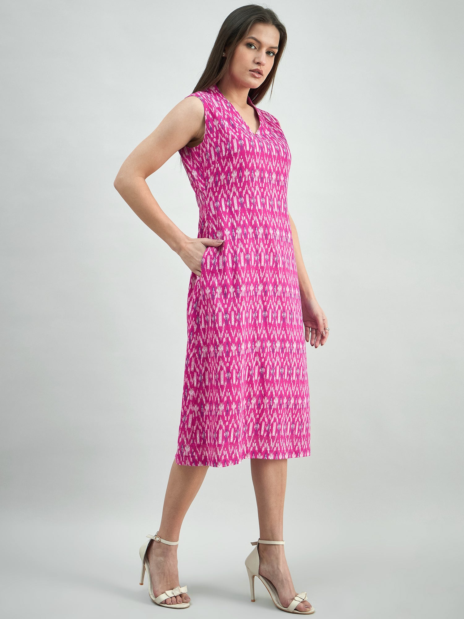 Women Cotton Ikat Print Relaxed Fit A-Line Dress