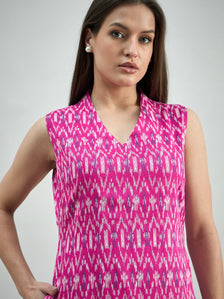 Women Cotton Ikat Print Relaxed Fit A-Line Dress