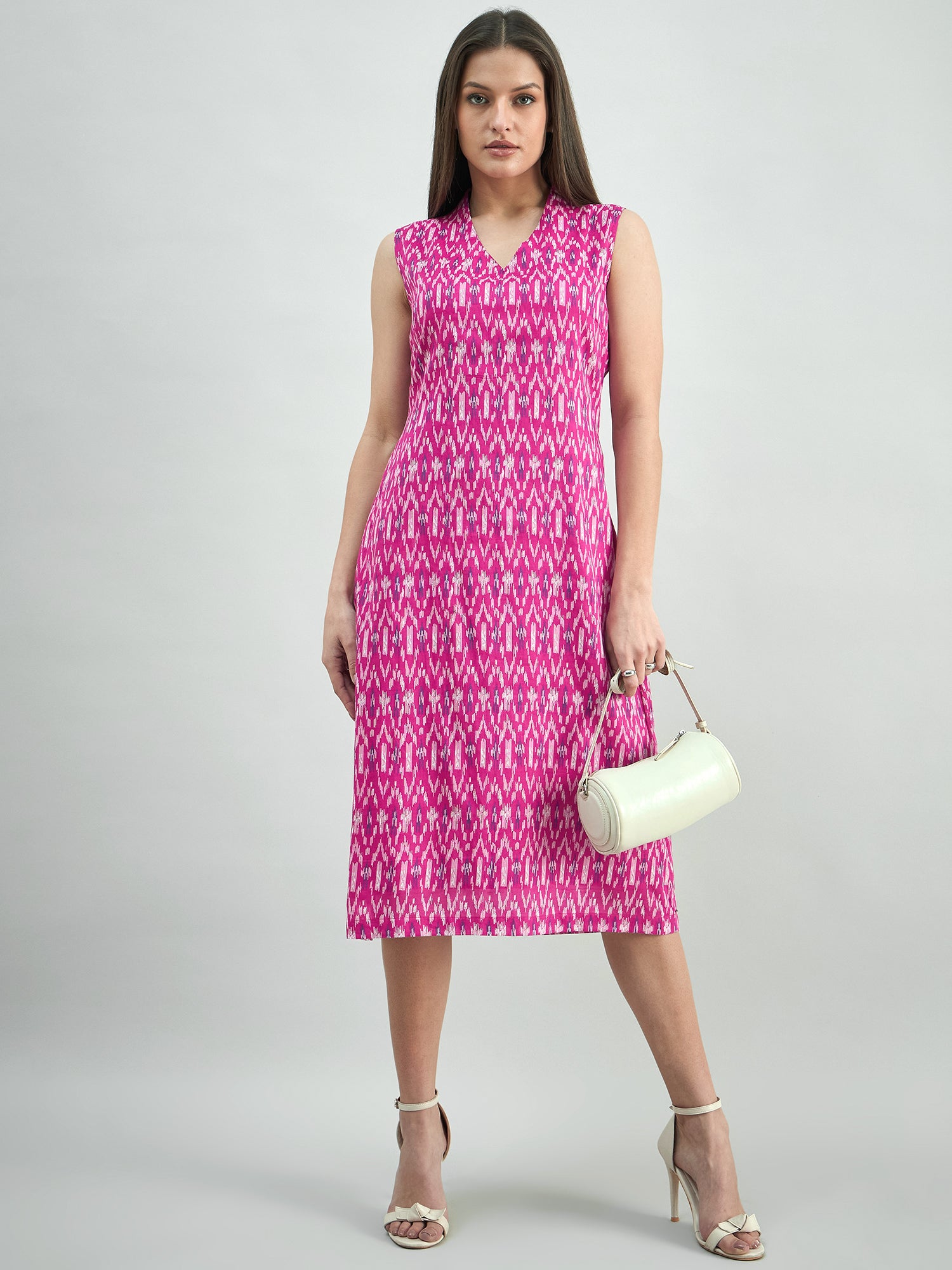 Women Cotton Ikat Print Relaxed Fit A-Line Dress