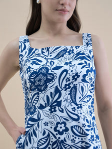 Blue-White floral printed square neck sleeveless fit & flare midi dress