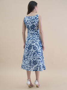 Blue-White Floral Printed Square Neck Sleeveless Fit & Flare Midi Dress