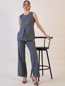 Grey Round Neck Top with Pin tuck Pants