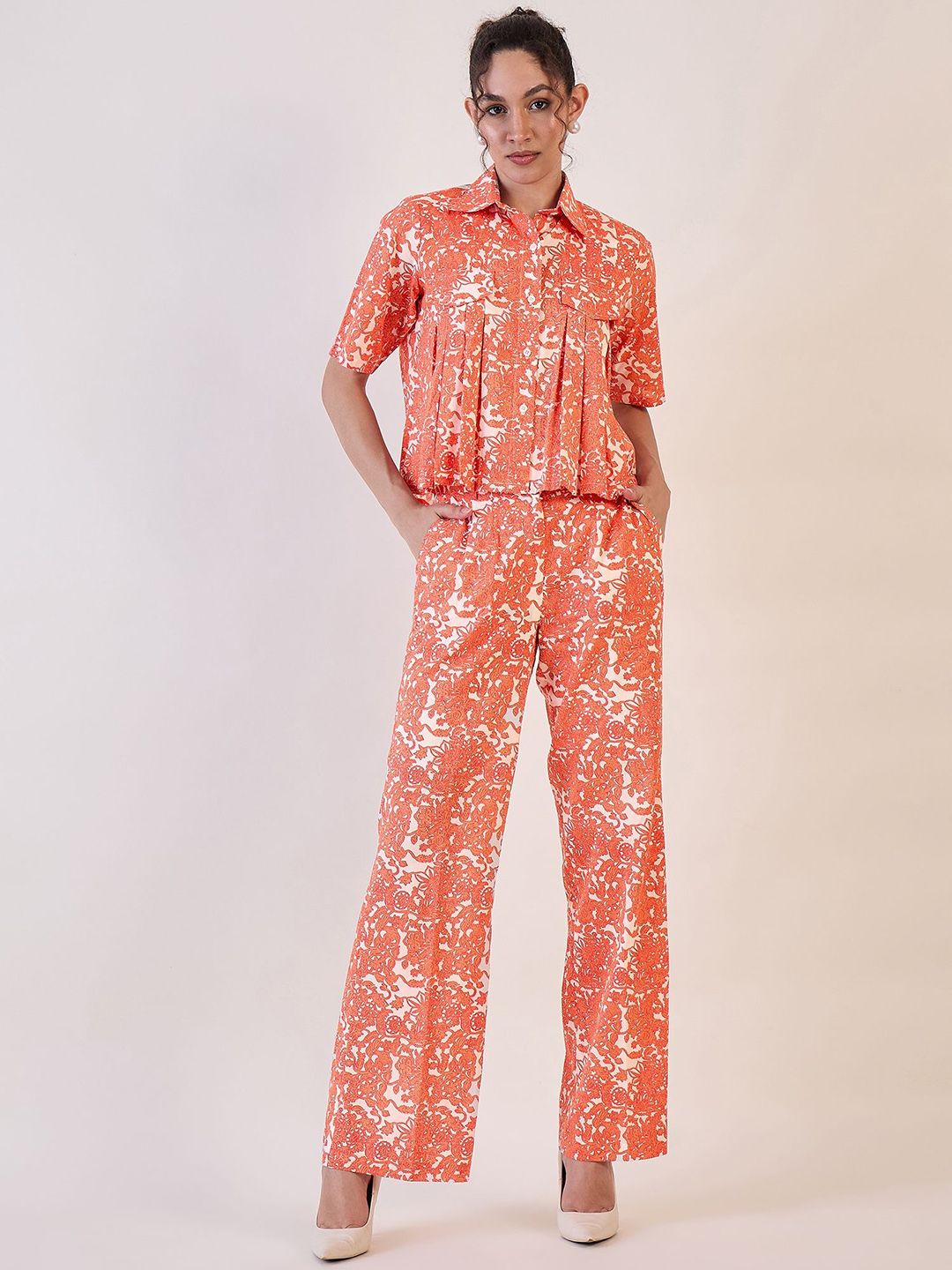 White Floral Collar Shirt With Straight Trouser