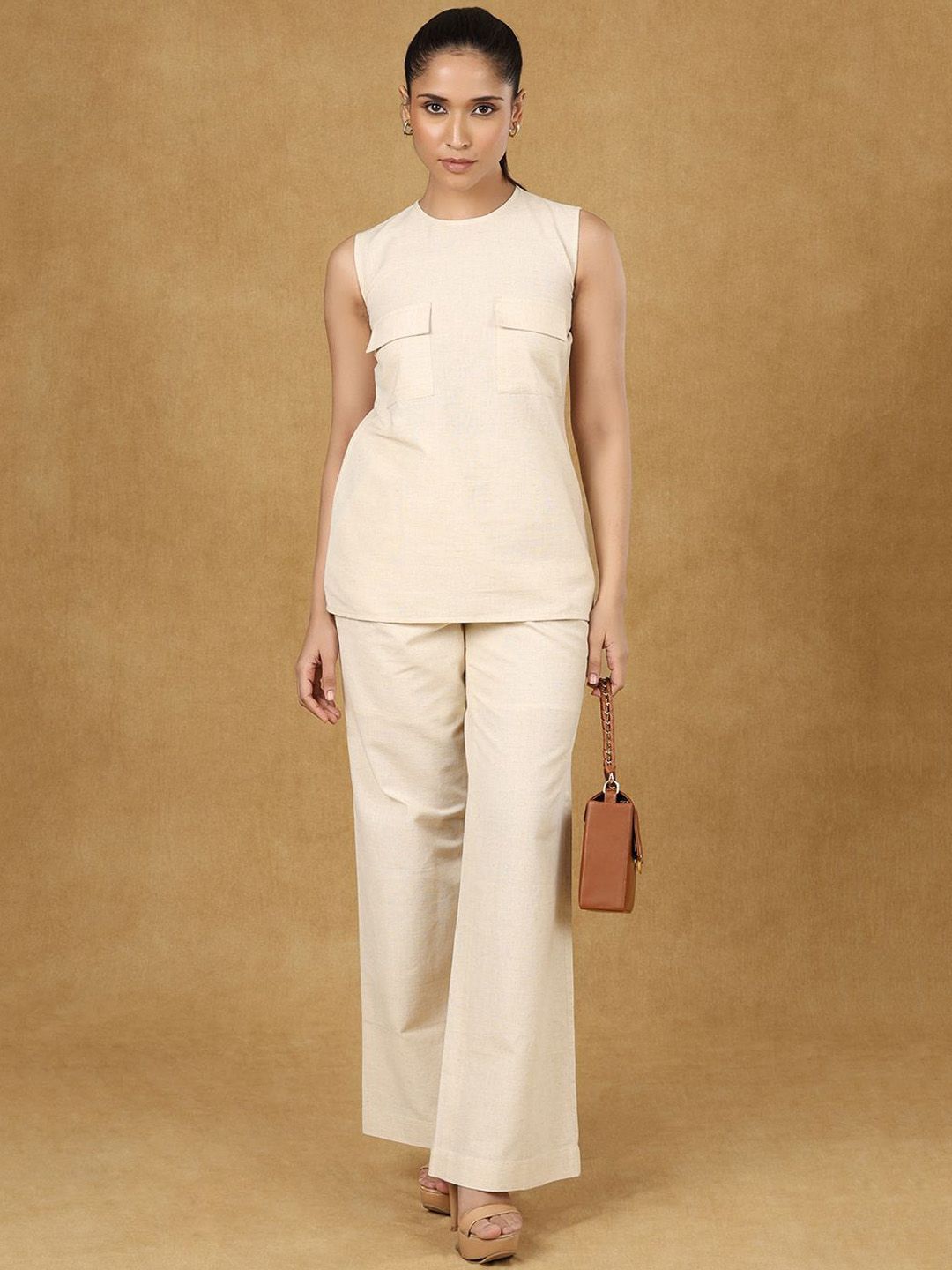 Off - White Cotton Linen Top With Trouser