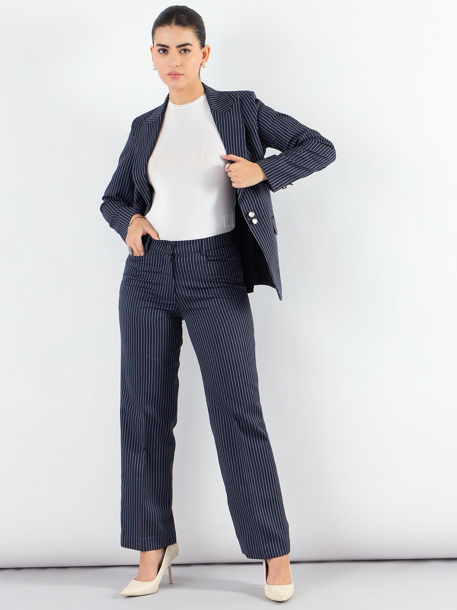 Blue-Striped Asymmetric Blazer With Tailored Elasticated Fit Trouser