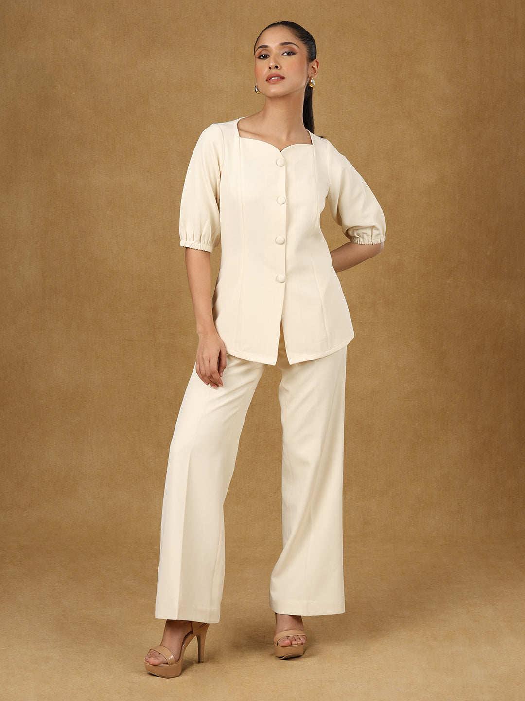 Ivory Grace Sweetheart Top With High Waisted Trouser Set In Stretchable Fabric