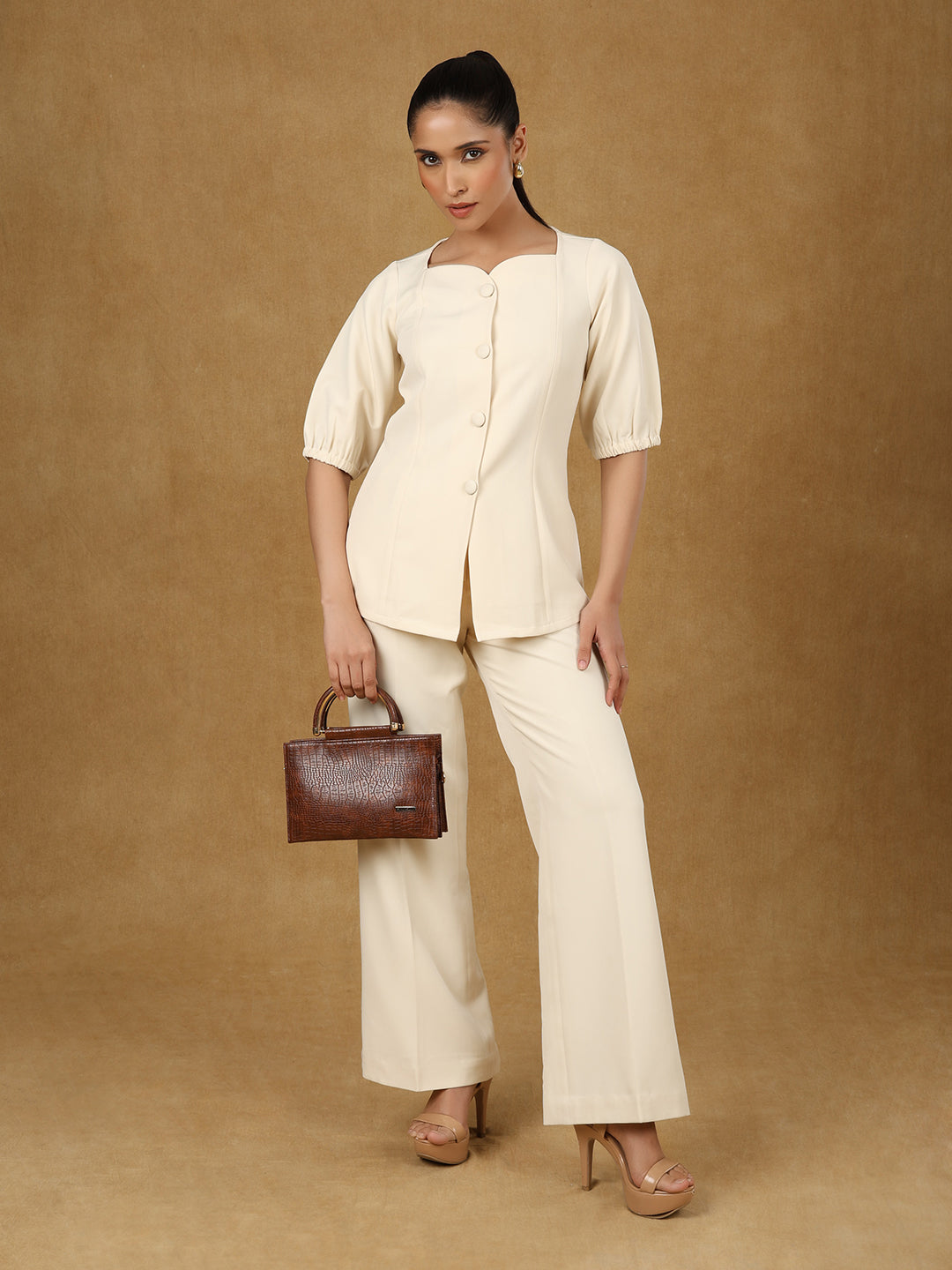 Ivory Grace Sweetheart Top With High Waisted Trouser Set In Stretchable Fabric