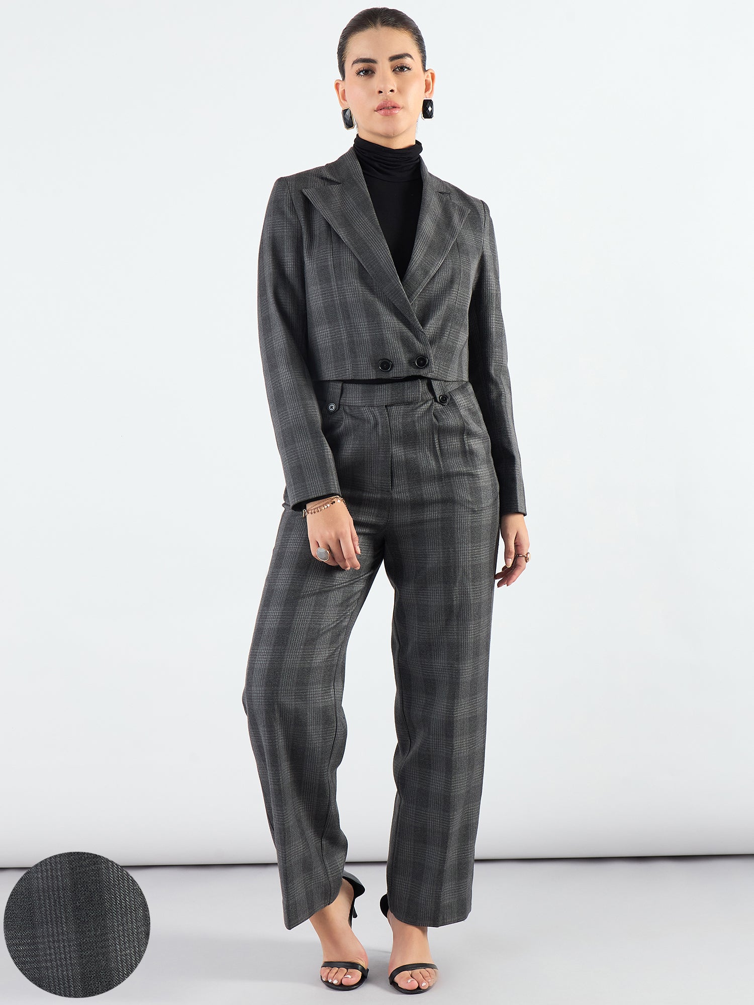 Stylish Grey Notched Lapel Checkered Warm Crop Blazer With Trouser