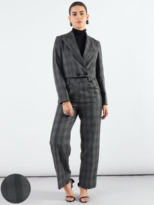 Stylish Grey Notched Lapel Checkered Warm Crop Blazer With Trouser