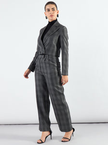 Stylish Grey Notched Lapel Checkered Warm Crop Blazer With Trouser