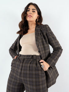 Brown Notched Lapel Tailored Fit Long Warm Checkered Blazer Paired With Trouser