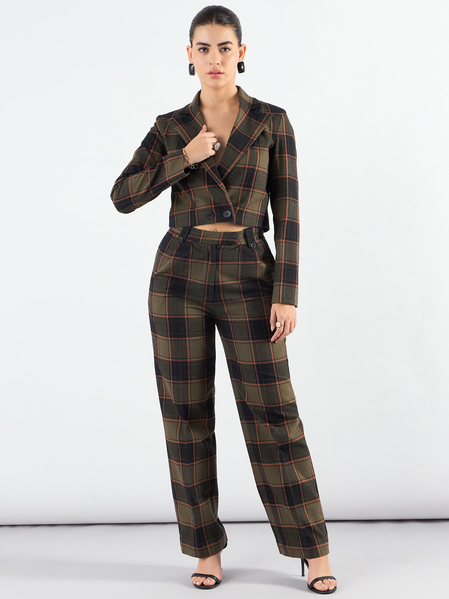 Notched Lapel Checkered Warm Crop Blazer With Trouser