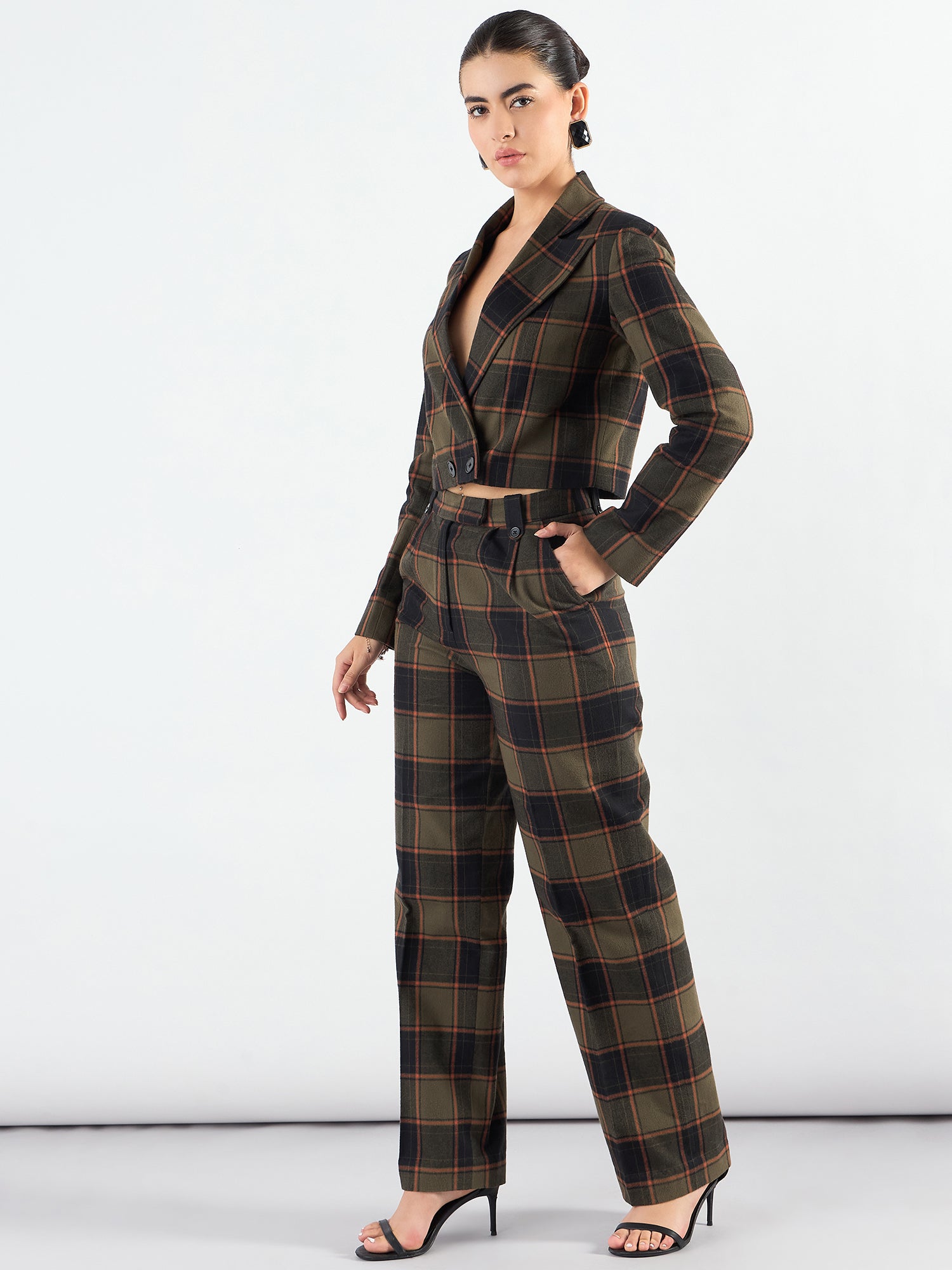 Notched Lapel Checkered Warm Crop Blazer With Trouser