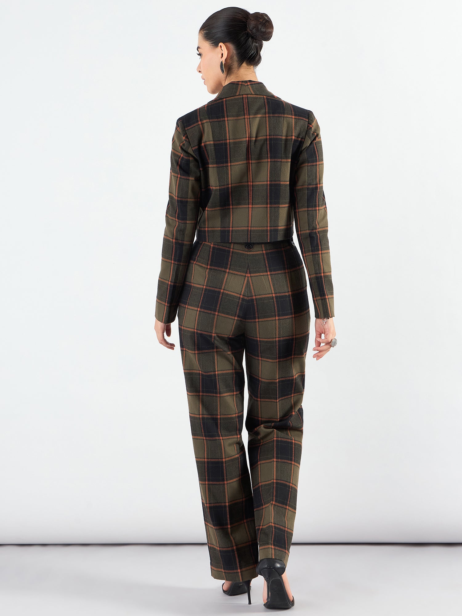 Notched Lapel Checkered Warm Crop Blazer With Trouser